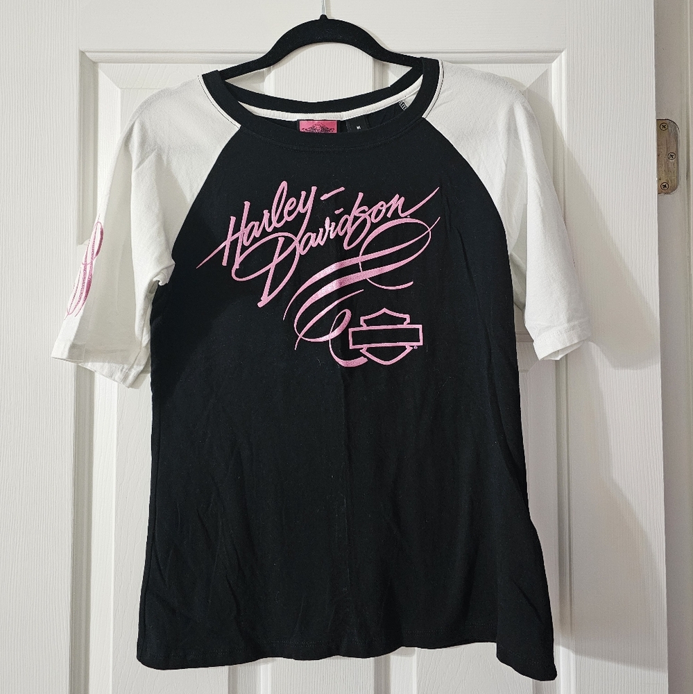 Harley-Davidson Black and White Tee with Pink Logo
